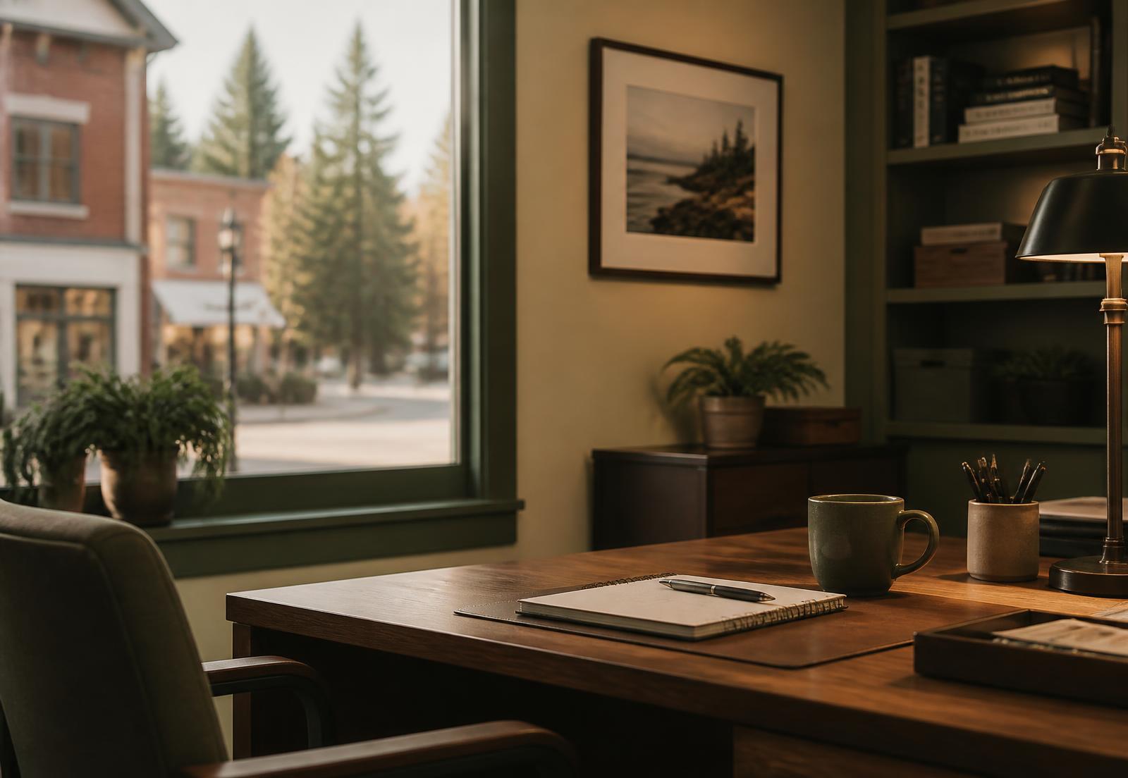 A quiet small-business office desk with a notebook and coffee, looking out on a Maine main street